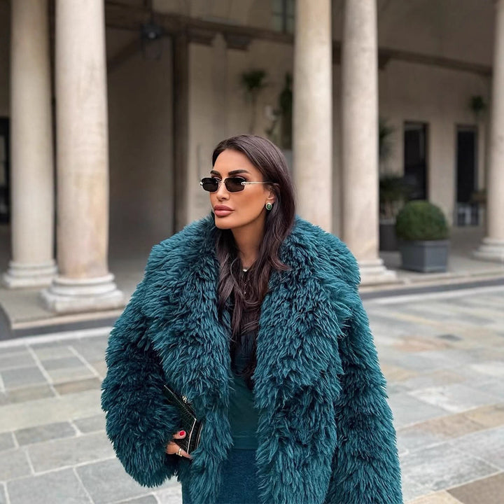 Women's Short Textured Faux Fur Coat with Voluminous Shawl Collar Amarae