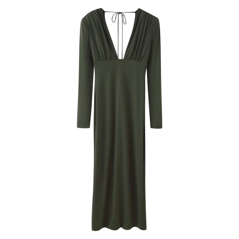 Women's Flowing Maxi Dress with Deep Waterfall V-Neck, Empire Seam and Neck Tie Amarae