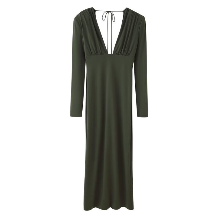 Women's Flowing Maxi Dress with Deep Waterfall V-Neck, Empire Seam and Neck Tie Amarae