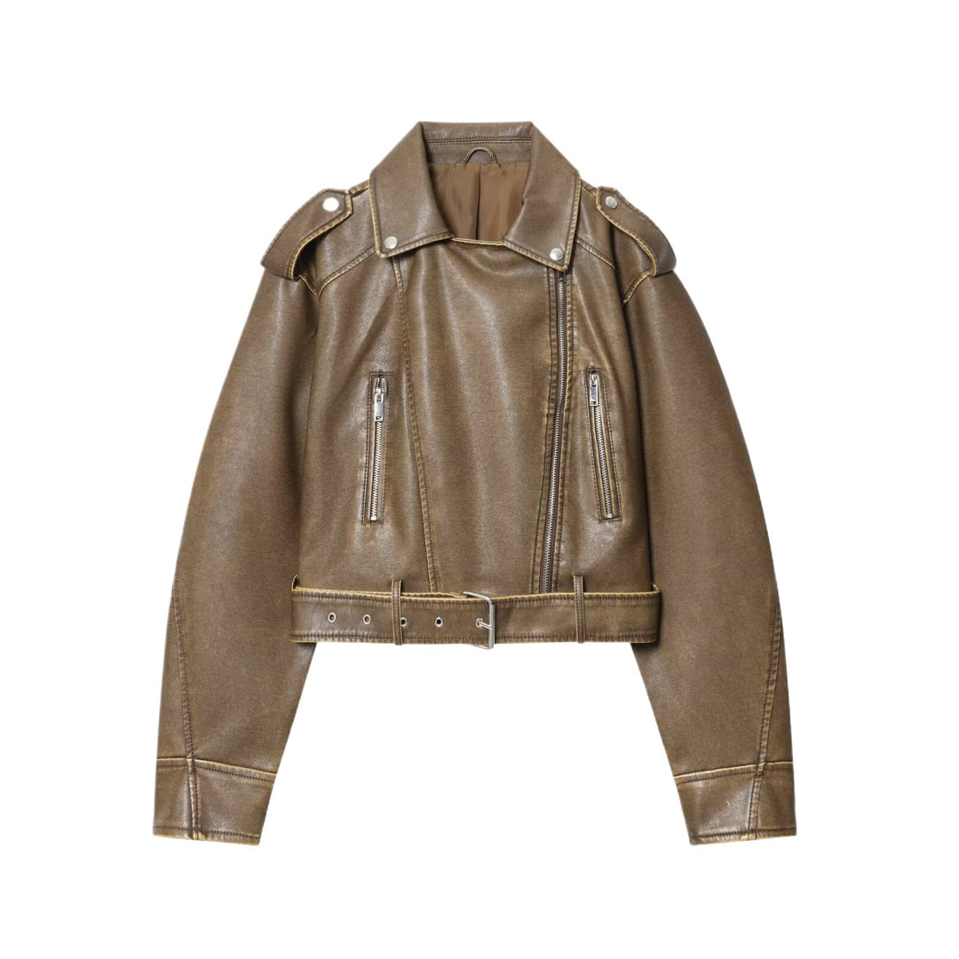 Fashionable women's biker jacket in a vintage look with a belt at the waist and zip pockets Lune London