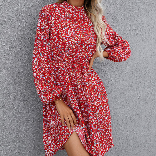 Mid-length floral dress for women with high collar and belt at the waist Amarae