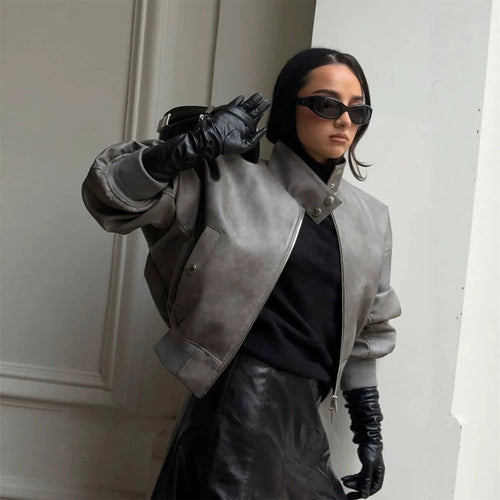 Women Short Oversized Faux Leather Bomber with High Stand-Up Collar and Snap Button Details Amarae
