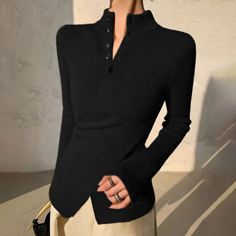 Knitted blouse for ladies with asymmetric cut and button details Lune London