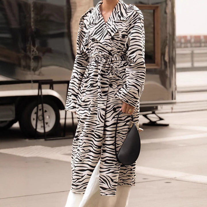 Women's Maxilength Trench Coat in Animal Print with Voluminous Shawl Collar, Tied Belt and Boxy Silhouette Amarae