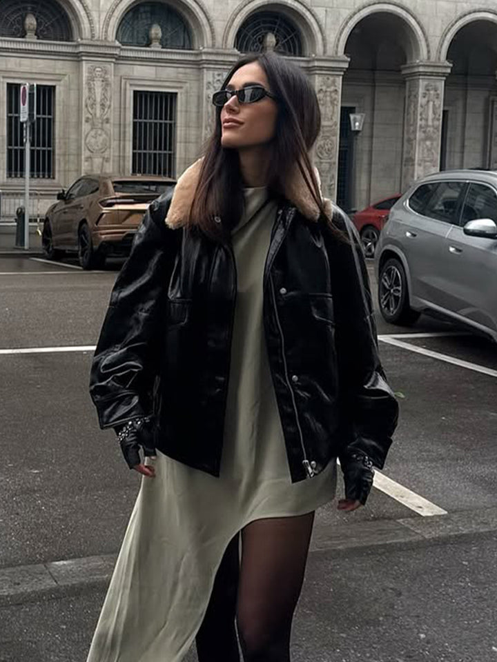 Women's Shiny Oversized Faux Leather Bomber Jacket with Voluminous Faux Fur Collar Amarae