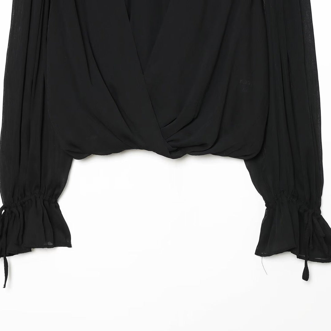 Women's chiffon blouse with tie, standing collar, and gathered balloon sleeves Amarae
