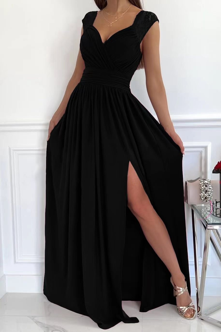 Elegant maxi dress for women with lace sleeves and a side slit Lune London