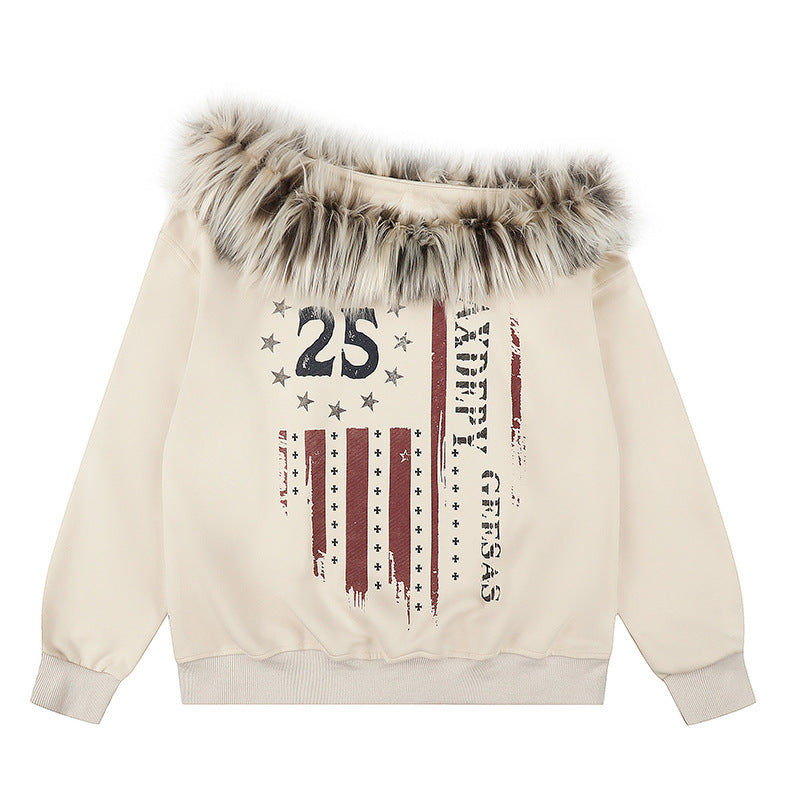 Women's hooded sweatshirt with removable faux fur collar and vintage print Amarae