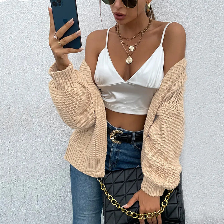 Thick knit jacket for women with oversized sleeves and an open front Lune Londonl