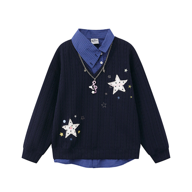 Women's Layered-Look Knit Sweater with Attached Shirt Placket, Star Appliqués and Chain Charm Amarae