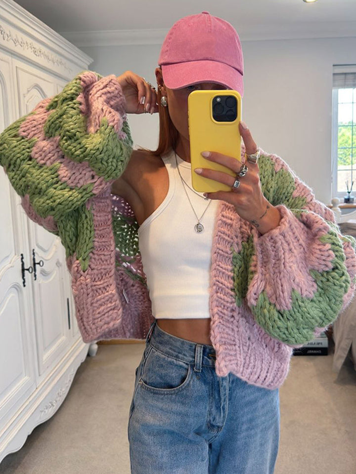 Women's Chunky Knit Cropped Cardigan with Voluminous Balloon Sleeves and Crochet Patch Details Amarae