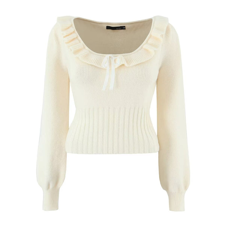 Elegant knit sweater for ladies with ruffle details and drawstring Lune London