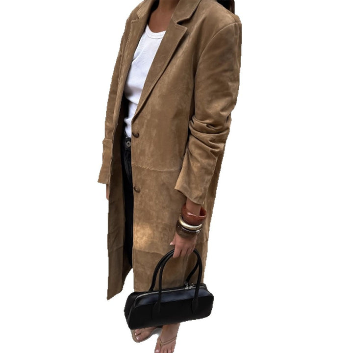 Women's Long Coat in Suede Look with Narrow Lapels and Clean Cut Amarae