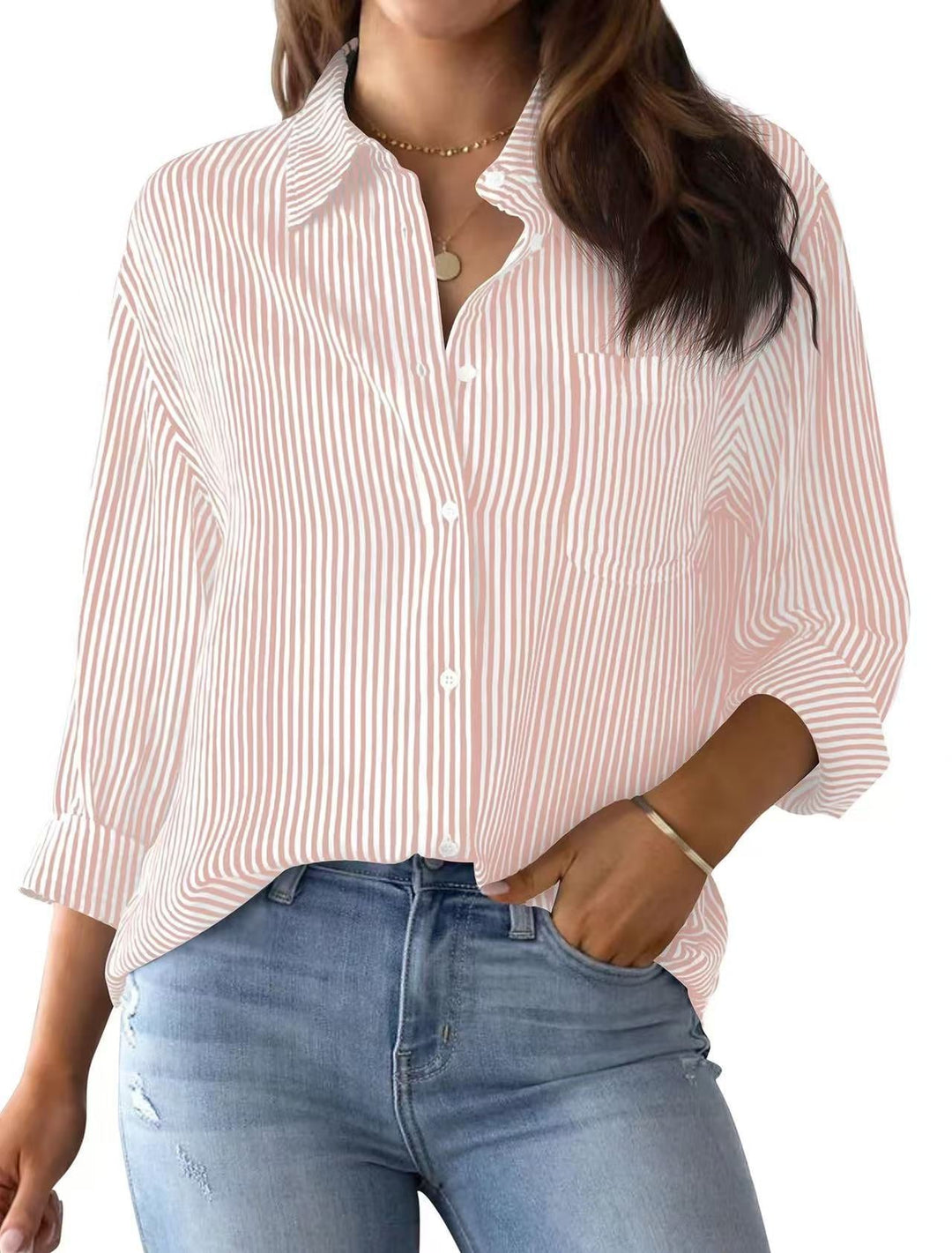 Ladies Loose Striped Shirt with Chest Pocket and Roll-up Sleeves Lune London