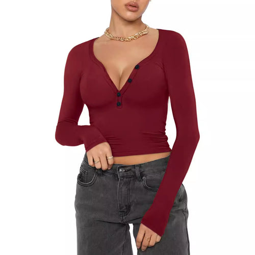 Long sleeve women's t-shirt with V-neckline and button details Amarae