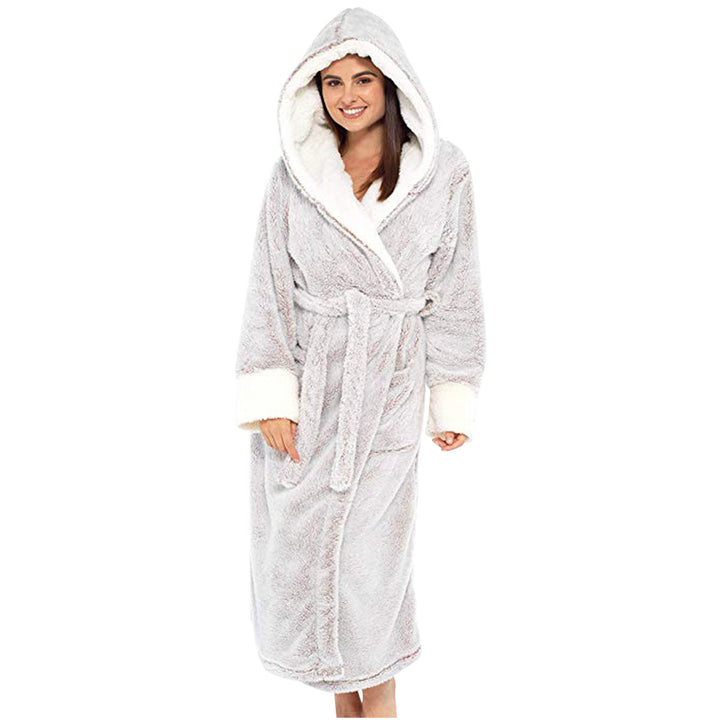 Ladies Cozy Fleece Robe with Hood and Belt Lune London