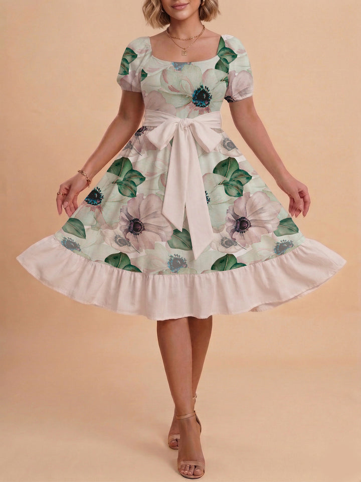 Women's floral dress with adjustable belt and voluminous sleeves Lune London