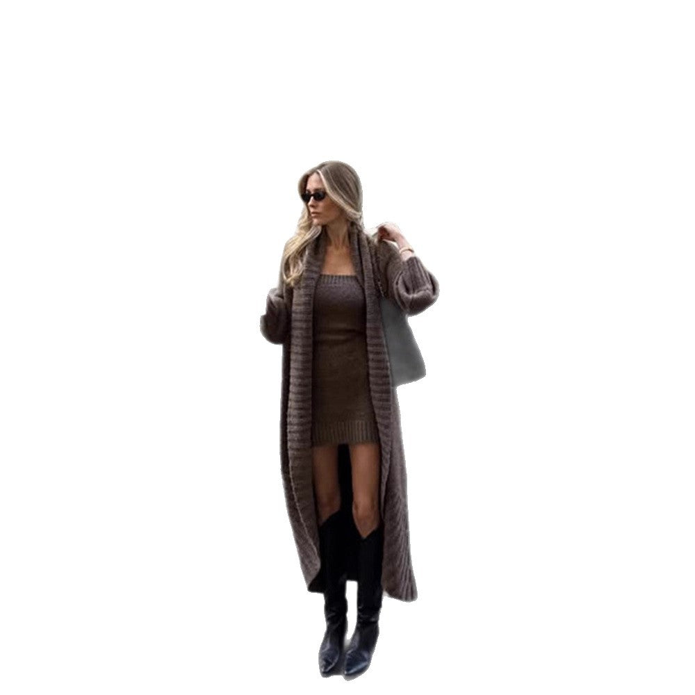 Women's Knit Set Maxi Cardigan with Oversized Shawl Collar and Figure-Hugging Strap Dress Amarae