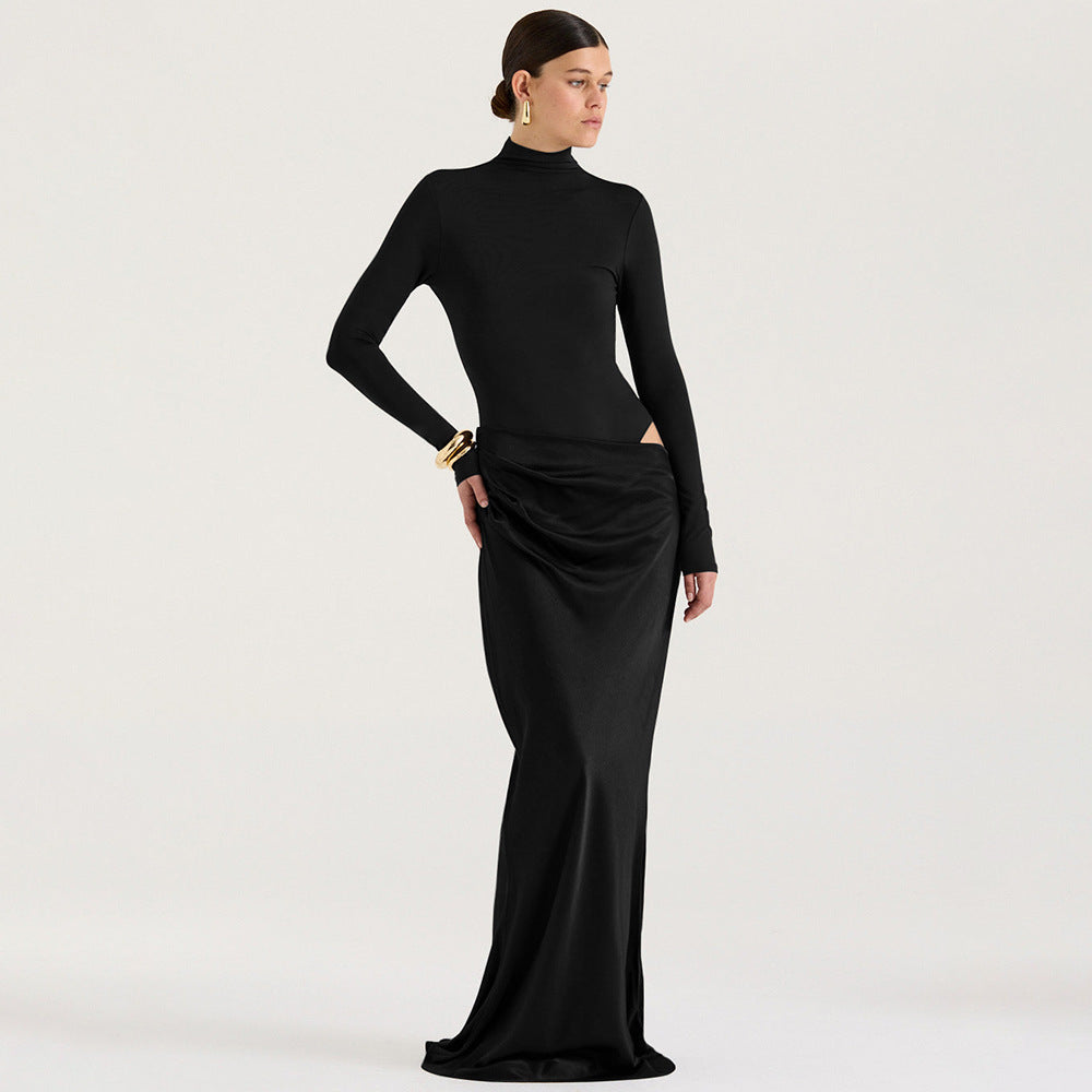 Elegant long sleeve maxi dress for women with a fitted cut and refined draping detail Lune London