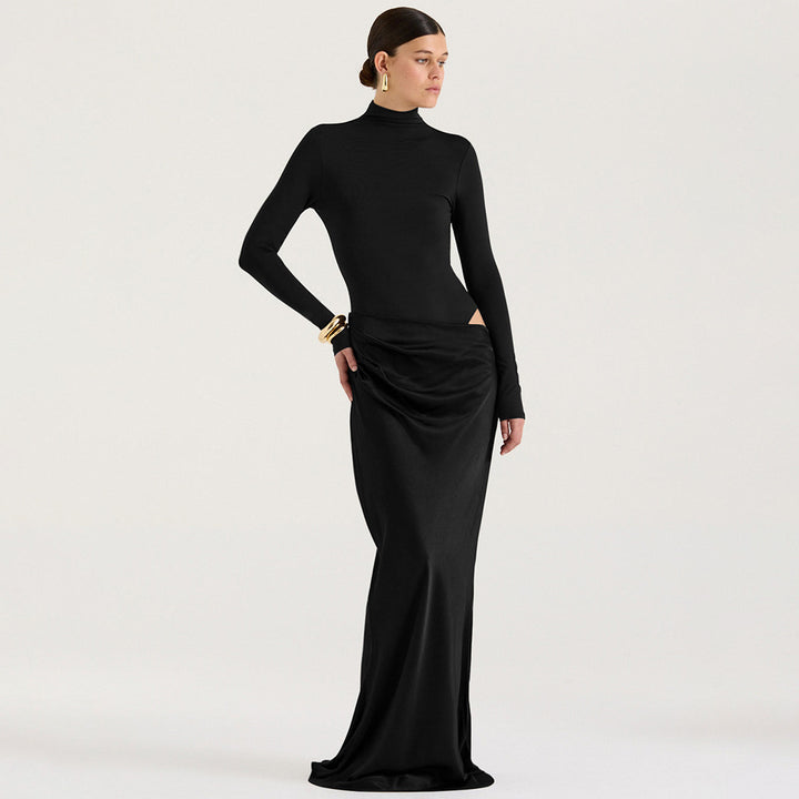 Elegant long sleeve maxi dress for women with a fitted cut and refined draping detail Lune London