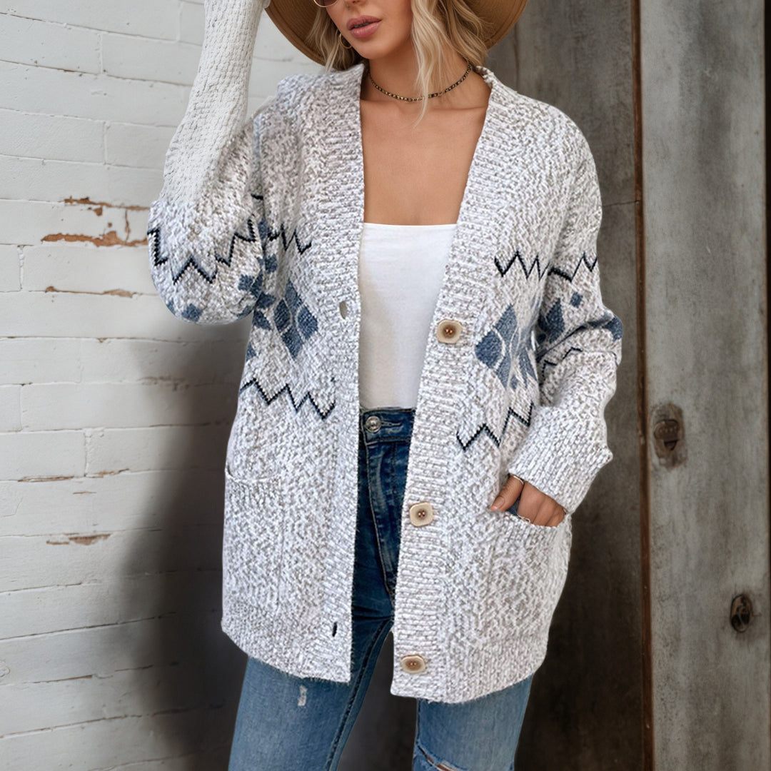 Ladies Large knitted cardigan with contemporary zigzag pattern and practical pockets Lune London