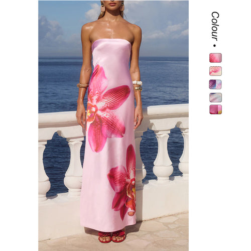 Women's Strapless Maxi Dress with Floral Print and Flowing Fabric