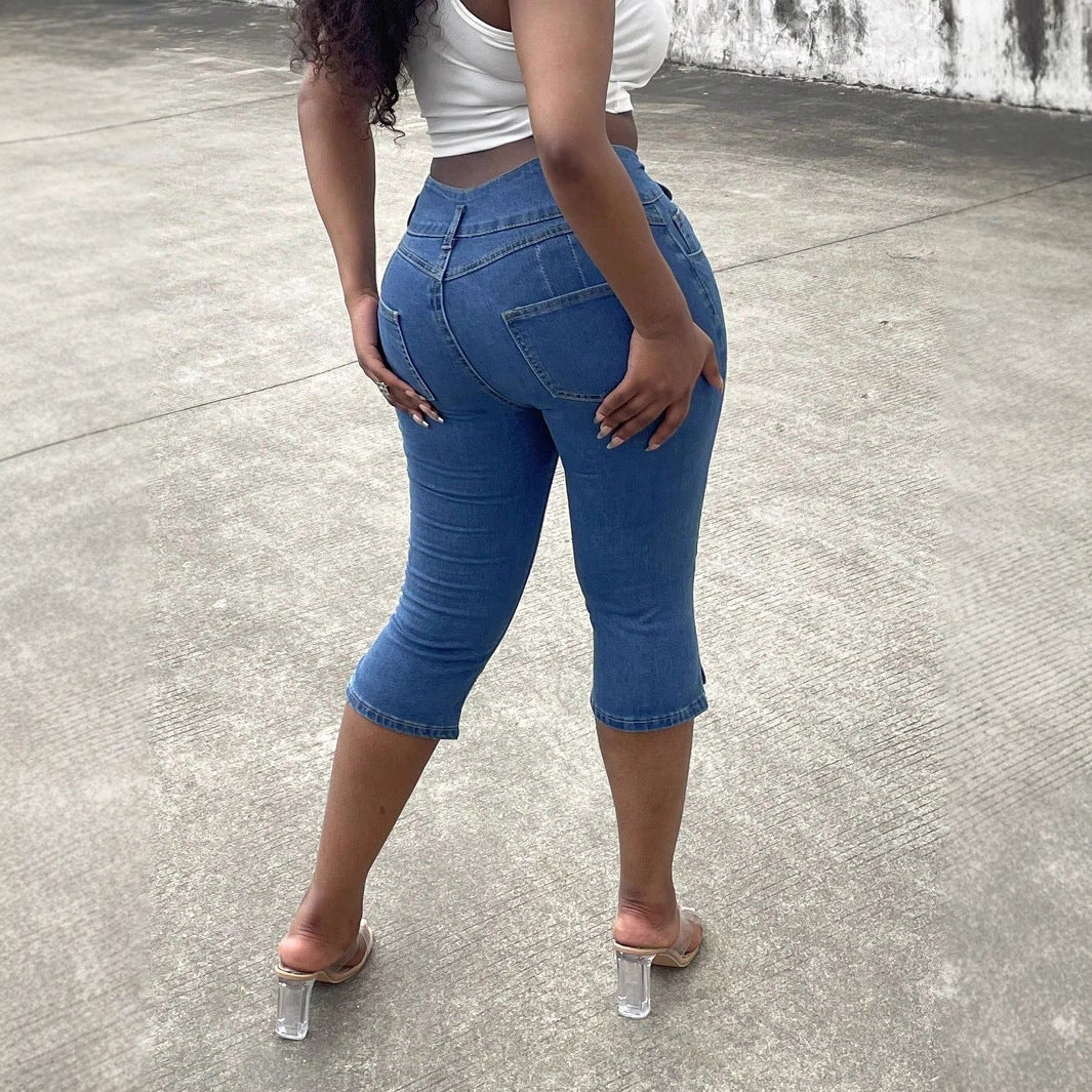 Women's high-waisted, three-quarter length stretch jeans with destroyed inserts and side seam slit Amarae