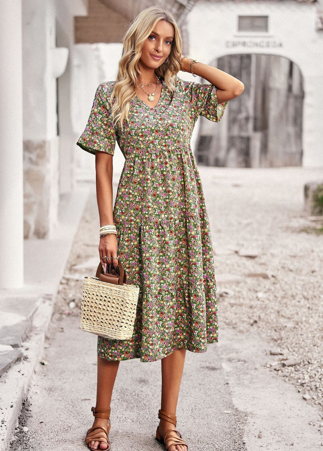 Women's Midi Dress with Floral Pattern and Playful V-Neck Lune London
