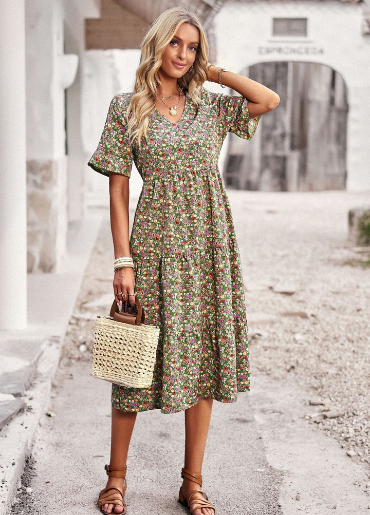 Women's Midi Dress with Floral Pattern and Playful V-Neck Lune London