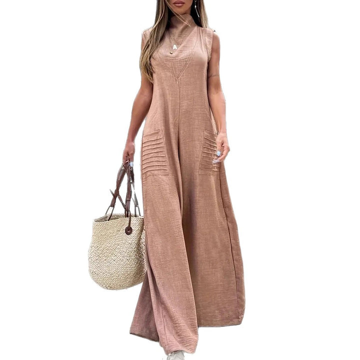 Lune London Women's Airy Maxi Jumpsuit with Decorative Pleats and Side Pockets