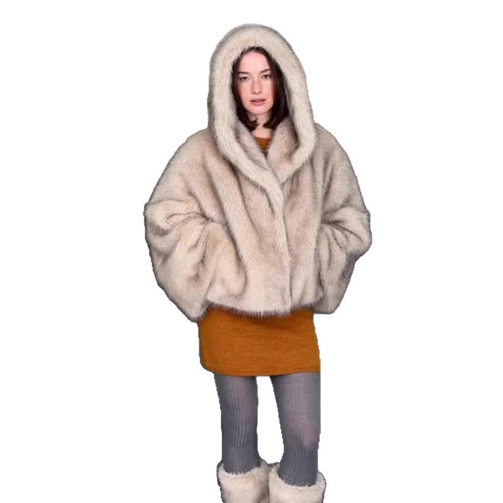 Women's hooded short jacket made of faux fur with boxy silhouette and warm padding Amarae
