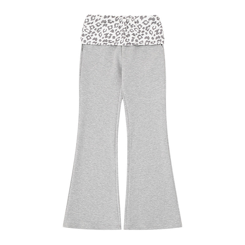 Women's Wide Jersey Lounge Pants with Flared Hem and Turned-Down Leopard Waistband Amarae