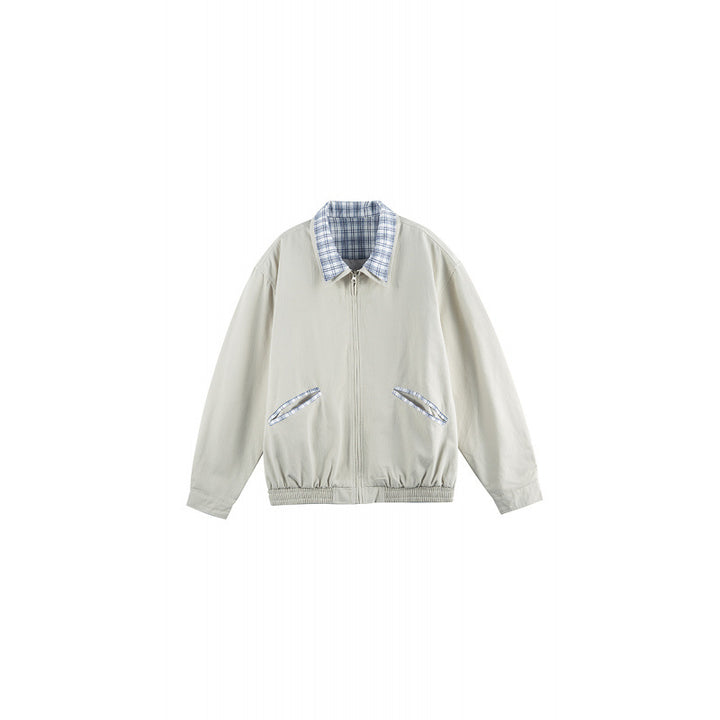 Unisex Lightweight Zip-Over Jacket in Boxy Cut with Check Collar and Elastic Hem Amarae