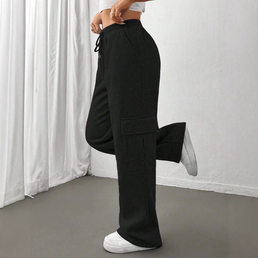Ladies cargo jogging pants with high elastic waistband, drawstring, and wide leg Amarae