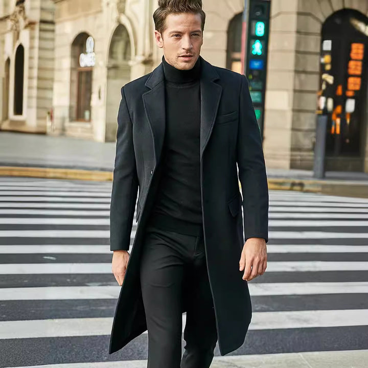 Elegant and modern long coat for men with textured upper fabric Lune London