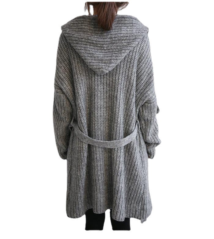Ladies Long Knit Coat with Comfortable Pockets and Hood Lune London
