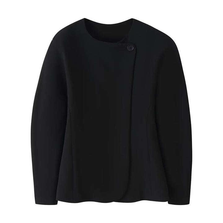 Women's Minimalistic Short Jacket with Asymmetrical Placket and Round Neckline Amarae