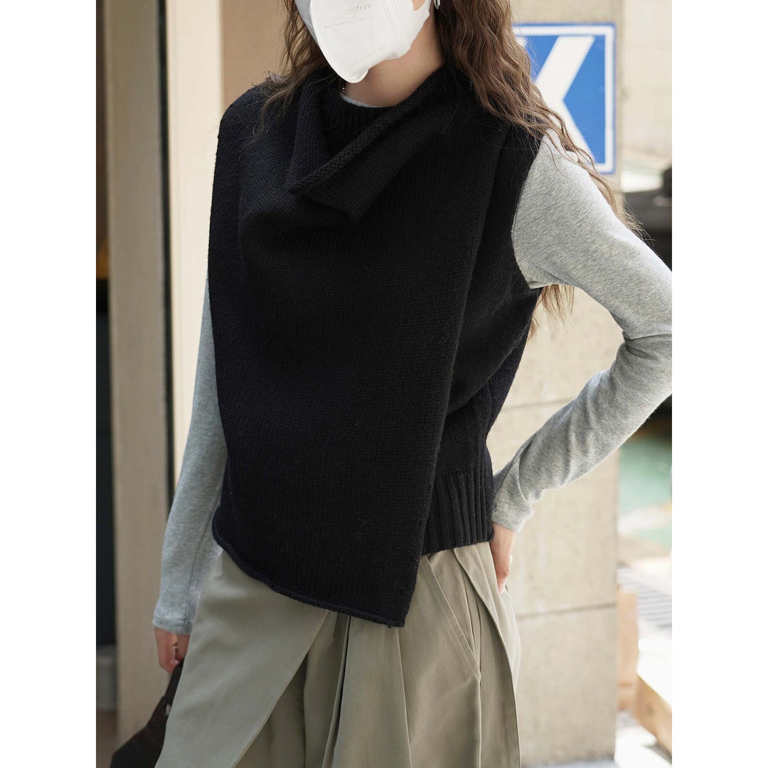 Women's Sleeveless Knitted Vest with Draped Turtleneck and Asymmetric Hem Amarae