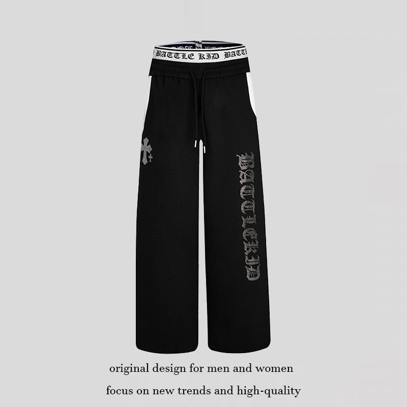 Women's wide lounge jogging pants with high logo waistband, gothic print and drawstring Amarae