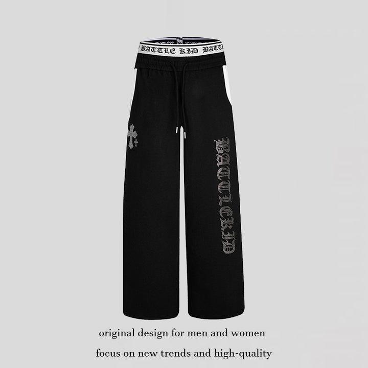 Women's wide lounge jogging pants with high logo waistband, gothic print and drawstring Amarae