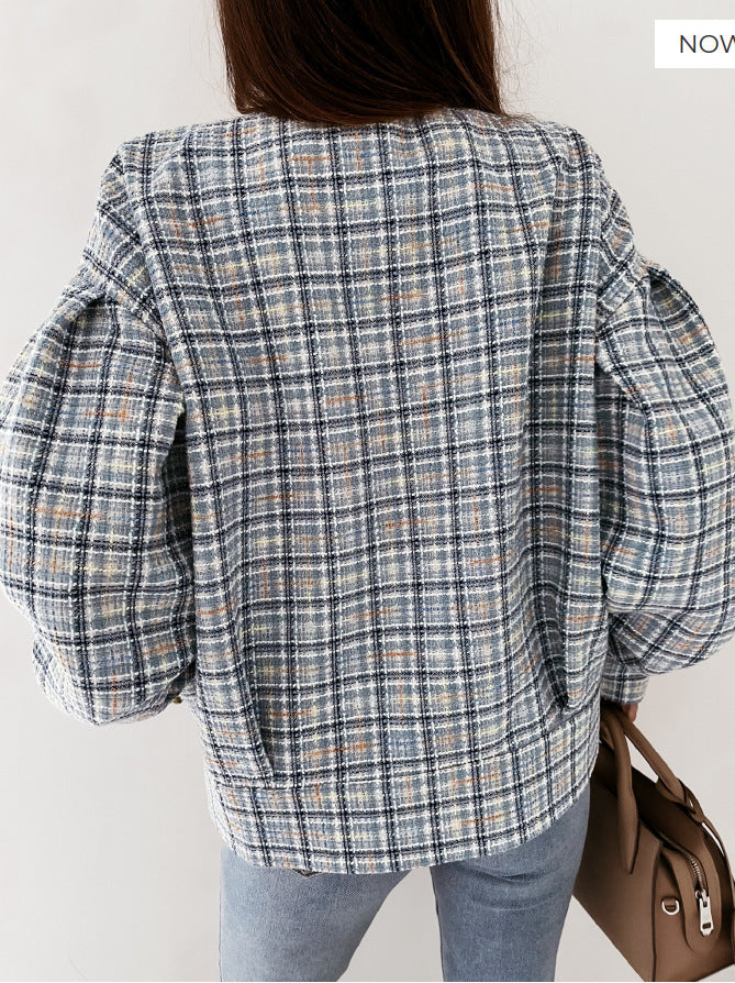 Trendy checkered knit jacket for women with single button closure Lune London