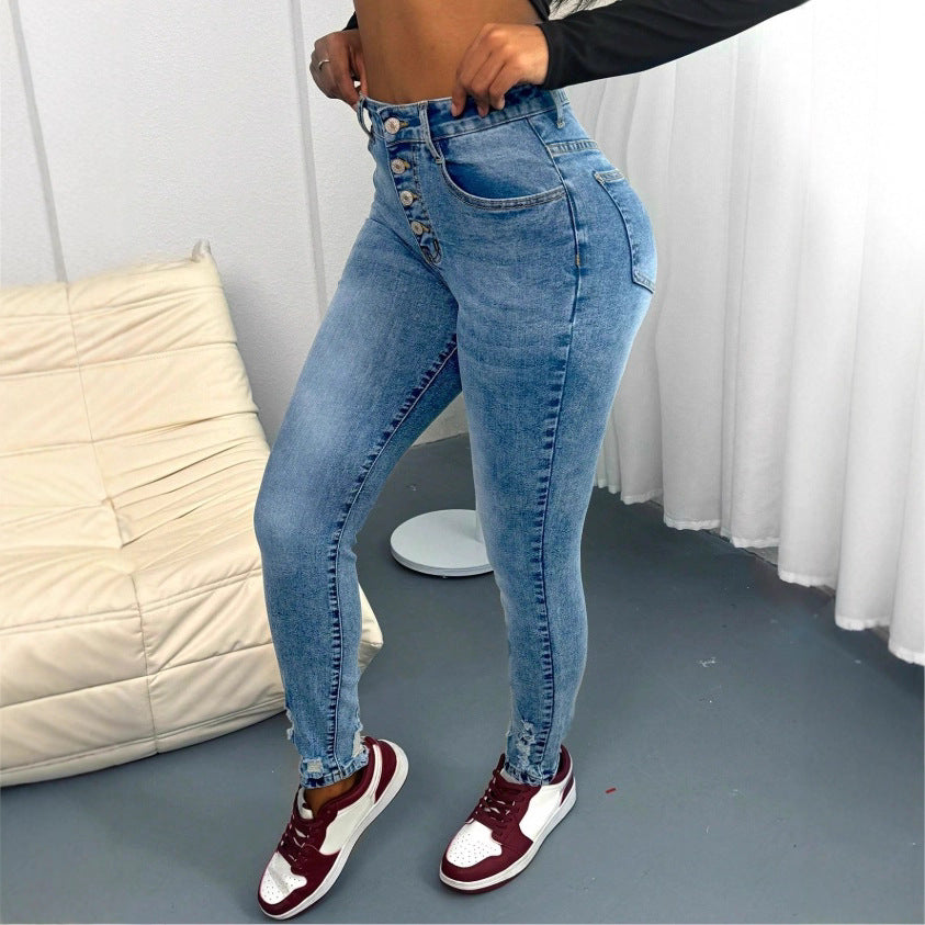 Women's high-waisted Sculpting Skinny Jeans with visible decorative button placket and ankle-length sculpting fit Amarae