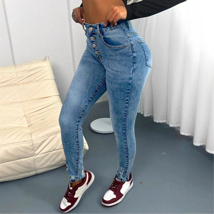 Women's high-waisted Sculpting Skinny Jeans with visible decorative button placket and ankle-length sculpting fit Amarae