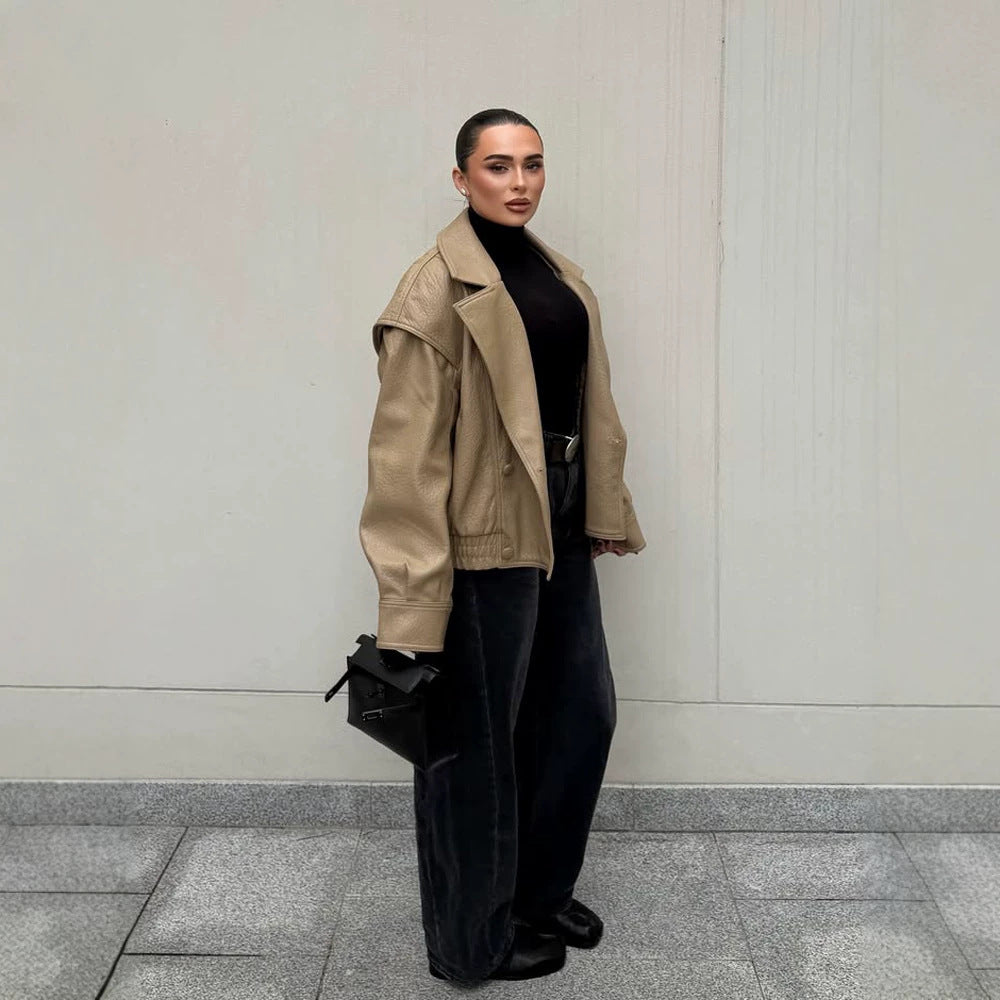 Women Oversize Faux Leather Bomber Jacket with Boxy Cut and Wide Lapel Amarae