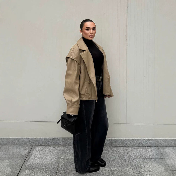Women Oversize Faux Leather Bomber Jacket with Boxy Cut and Wide Lapel Amarae