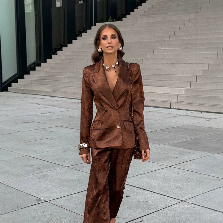 Women Double-Breasted Velvet Blazer and Cropped Pants Co-Ord Set Amarae