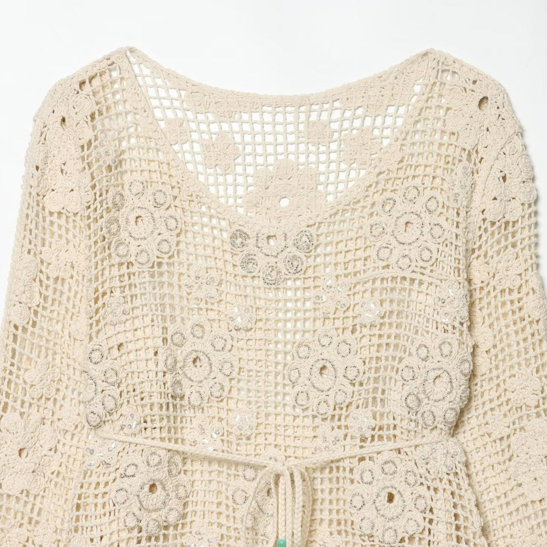 Women's crochet sweater with flower appliqués and drawstring Amarae