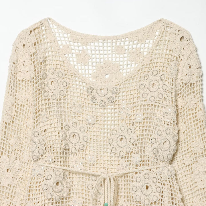 Women's crochet sweater with flower appliqués and drawstring Amarae