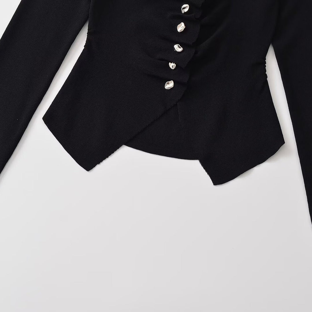 Women's Ruched Long Sleeve Top with Asymmetrical Peplum and Decorative Button Placket Amarae