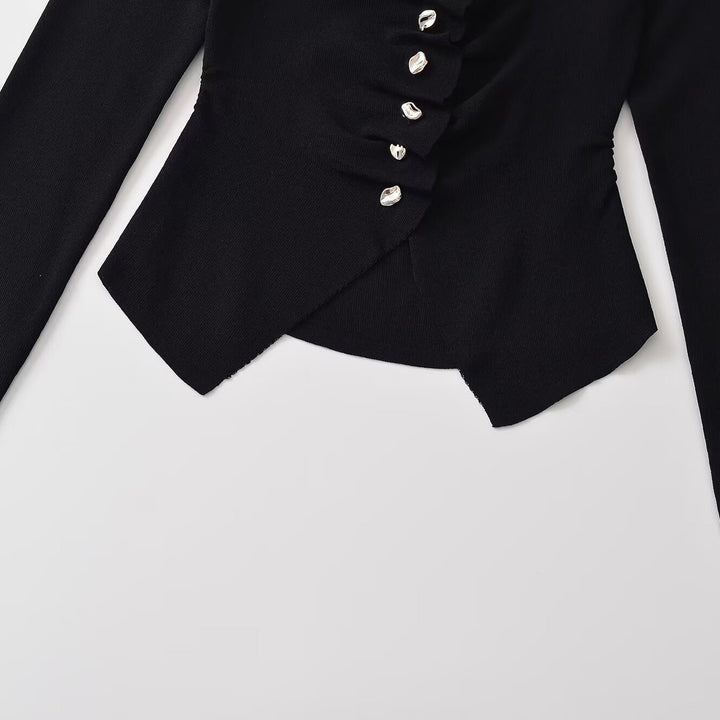 Women's Ruched Long Sleeve Top with Asymmetrical Peplum and Decorative Button Placket Amarae